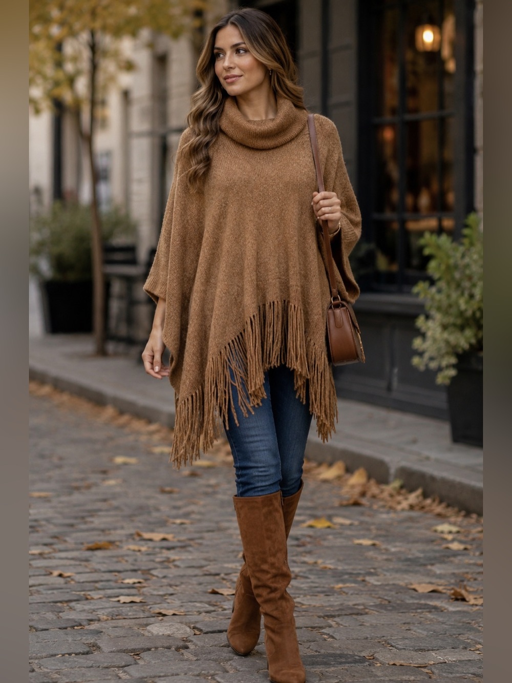 Camel‎ Fringe Turtleneck Poncho Sweater Women OS Cozy Knit Wrap